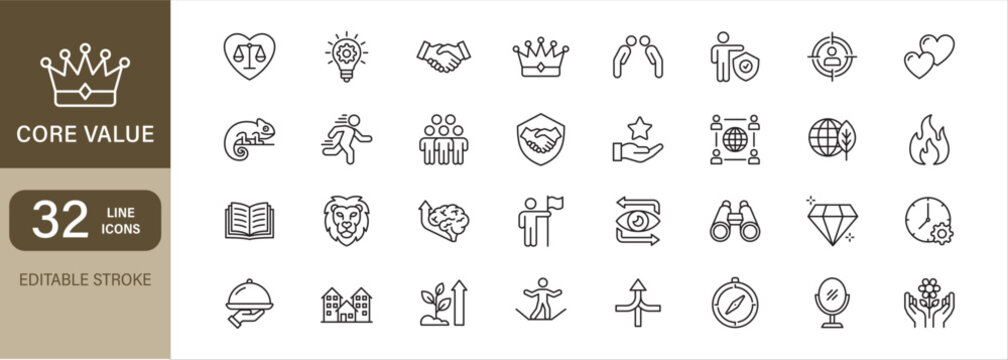 Core values icon set. Line icon editable stroke. Contains icon symbol of integrity, innovation, collaboration, excellence, respect, accountability, customer focus, empathy, agility, trust, courage.