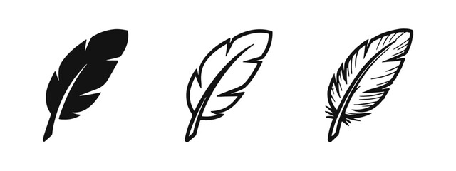 Feather Icon Set - Solid, Outline, and Hand-Drawn Styles - Quill Pen, Bird Plumage, and Nature Symbols © drawing lines