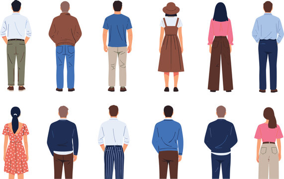 Set of diverse people standing with their backs turned away from the camera