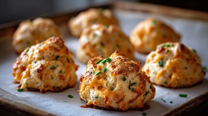Fototapeta premium Sharp cheddar gougeres flecked with chopped fresh chives, crisp textured tops, arranged casually on baking tray with parchment paper, warm homestyle kitchen photography