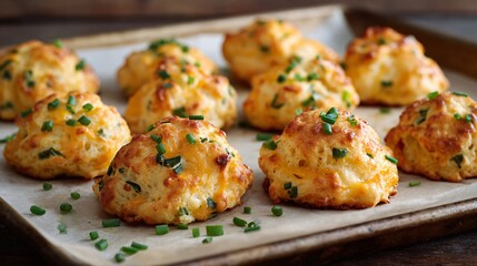 Fototapeta premium Sharp cheddar gougeres flecked with chopped fresh chives, crisp textured tops, arranged casually on baking tray with parchment paper, warm homestyle kitchen photography