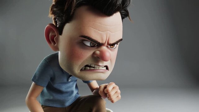 An angry cartoon character with a fierce expression and clenched fist is depicted in a 3D animated scene.