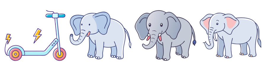 Obraz premium Cute elephant family with electric scooter flat design vector illustration icon pack set