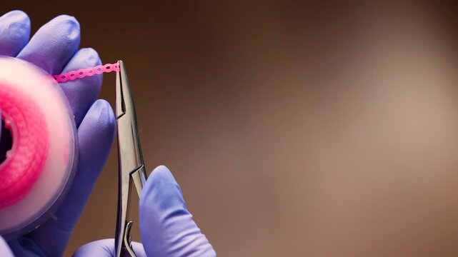 Close up view of orthodontic elastic chain being stretched from a coil using dental instrument with purple rubber ligature handled by gloved doctor during modern clinical procedure