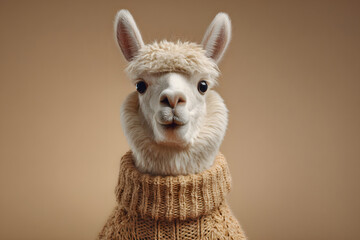 Fototapeta premium Llama wearing a sweater poses for a photo against a plain background in a studio setting