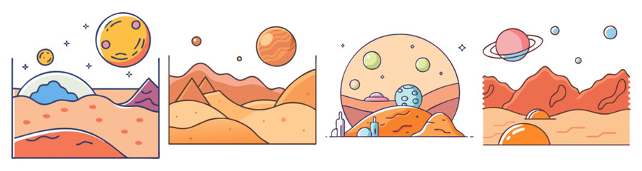 Fototapeta premium Sleeping planets and moon phases cycle flat design vector illustration icon pack set