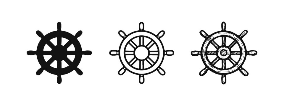 Nautical Ship Wheel (Helm) Icon Set - Solid, Outline, and Hand-Drawn Styles