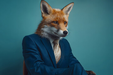 Fototapeta premium Fox dressed in a suit sitting in a chair against a blue background
