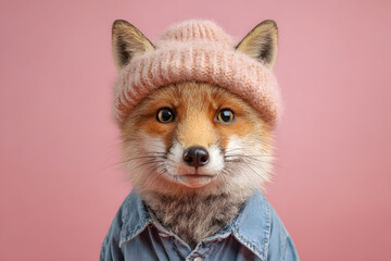 Fototapeta premium Fox wearing a pink knit hat and blue shirt posing against a pink background in a playful and fun setting