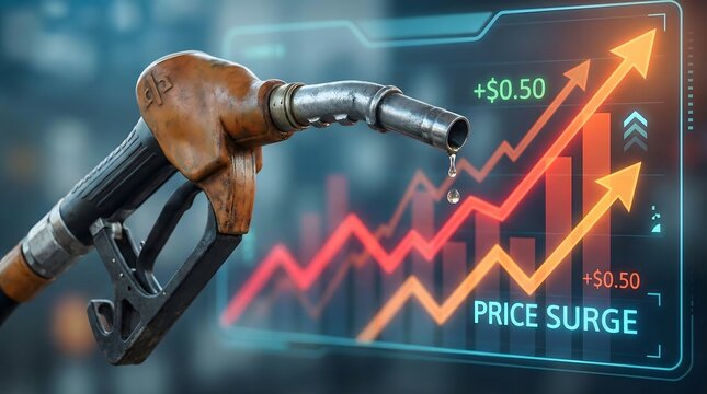 At a busy gas station, fuel drips from the pump nozzle as a dynamic motion graphics display visualizes a rising energy price graph, illustrating the increase in fuel costs to customers in real-time