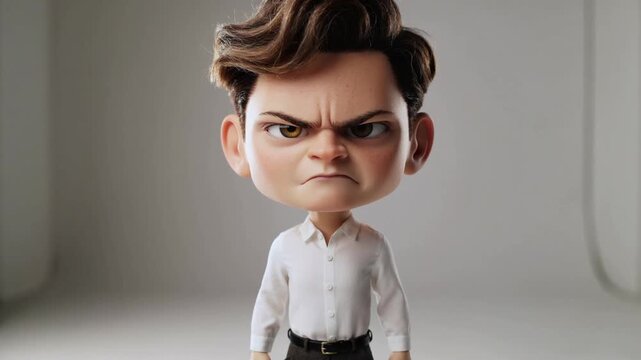 An angry cartoon character with a stern expression, wearing a white shirt and black trousers, stands in a minimalist white environment.