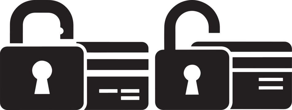Credit card security icons, locked and unlocked states, representing online payment safety, data protection, and privacy.