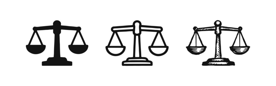 Justice Scales Icon Set - Balanced Symbol of Law, Equity, and Fairness in Different Styles