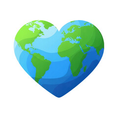 Fototapeta premium Heart shaped globe with green and blue continents isolated on transparent background