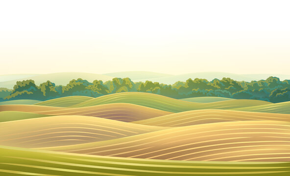 Hilly agricultural landscape, with cultivated by agriculture fields and hills, with a warm dawn sky above the horizon. Raster illustration.
