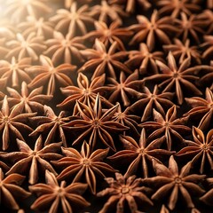 A close-up view of dried star anise spices on a dark surface.