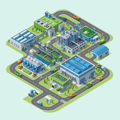 Isometric illustration of an industrial complex with various buildings and infrastructure.