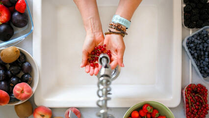 Woman Washing Currants Over Sink