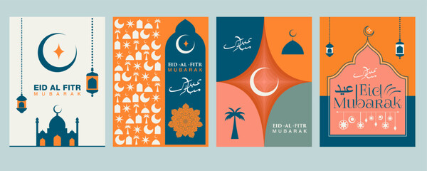Eid al-Fitr Mubarak greeting card set, Four Modern Flat Design Layouts featuring a modern flat art style, traditiona Islamic elements, and Patterns, Perfect for posters, banners, and social media post © Aamir Gfx
