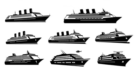 Collection of various cruise ships in black and white, perfect for travel concepts. © Plus