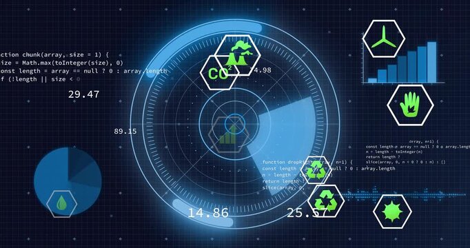 Radar HUD rotating and scanning upon sweep passing hex icons, highlighting KPIs for monitoring