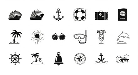 Collection of travel and vacation themed black and white icons and symbols. © Plus