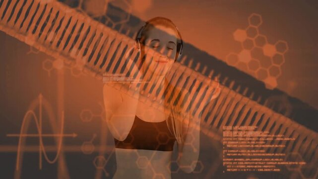 Teen adjusting headphones, initiating DNA, waveform, code layers, swaying and exploring tech fusion