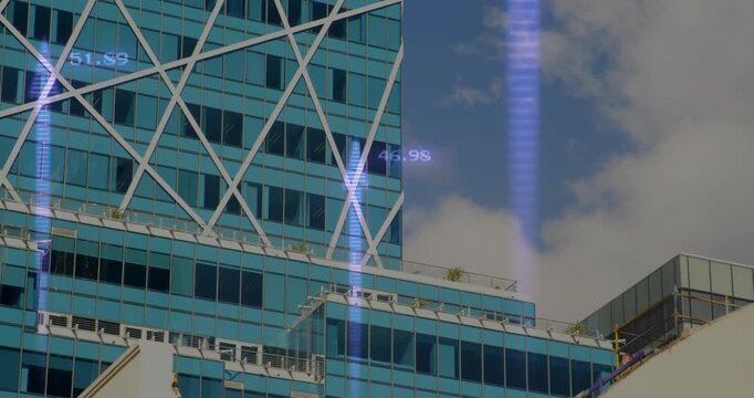 Faint purple beam rising at rooftop, data arrows emerging over teal tower, pulsing, showing metrics