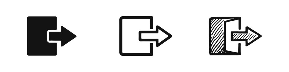 Exit sign icon set. Logout, sign out, or door symbol with right-pointing arrow in different styles.
