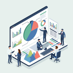 Business analytics team analyzing financial data on a digital dashboard with charts and graphs