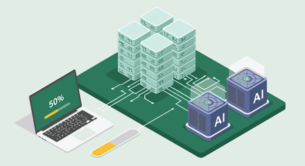 Fototapeta premium Isometric AI servers, data center, and laptop with progress bar concept