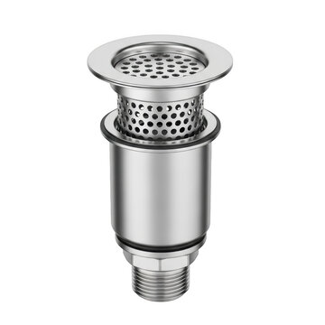 Stainless steel sink drain with perforated strainer isolated on transparent background