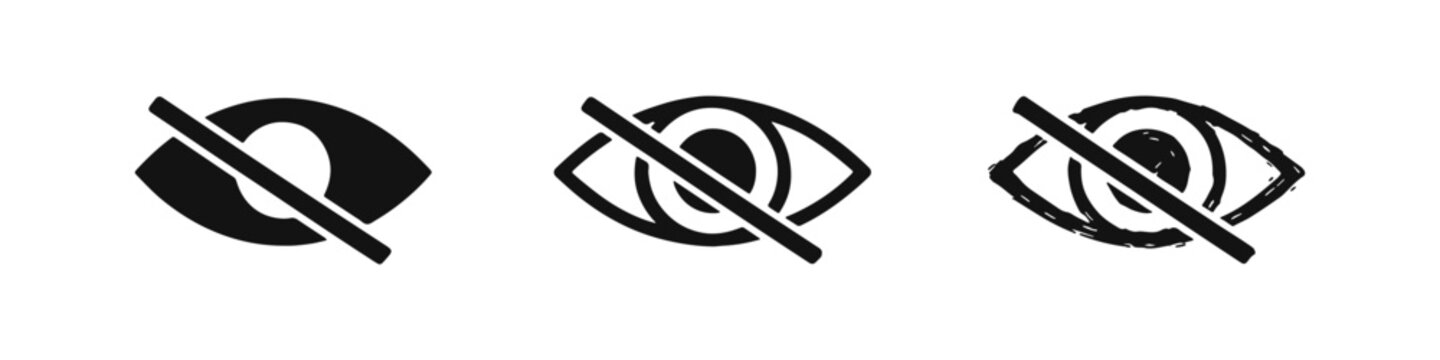 Invisible eye icon set: simple, outlined, and hand-drawn styles. Vector illustration of hide or unsee symbol with a slash.