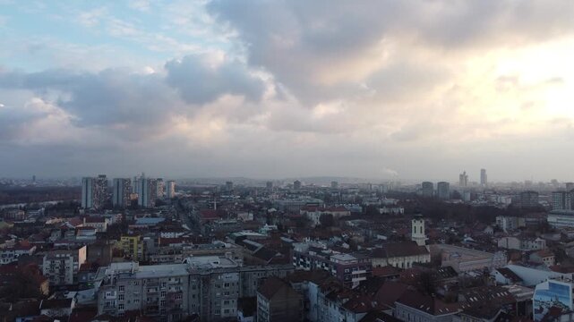 Drone flight at sunset above the Novi Beograd district, New Belgrade, Belgrade, Serbia, Europe.