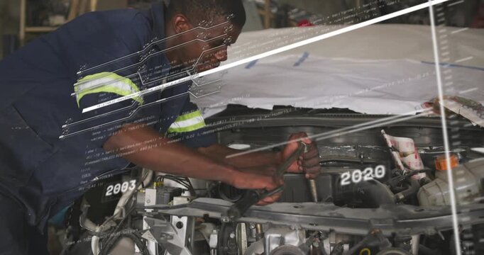 Mechanic leaning over hood up, breaker bar torquing bolt for repair while diagonal years obscuring