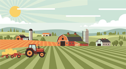 Rural farm landscape with tractor harvesting hay and barns under sunny sky © Pixelaraf