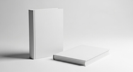 Two white rectangular objects standing and lying on a plain surface