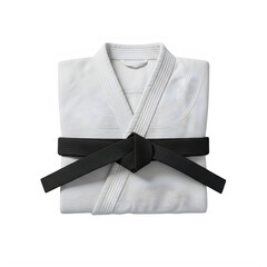 Folded white karate gi with black belt