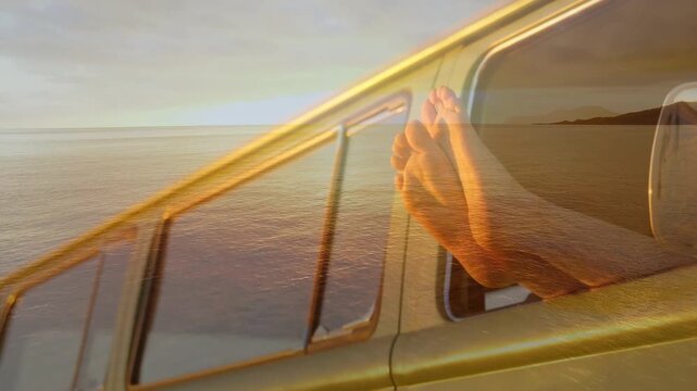 Adult woman opening window, sticking bare feet out of golden van while ocean overlay for travel