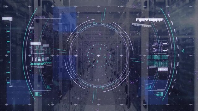 HUD activating, reticle scanning corridor, rings rotating, scan bars sweeping, tracking figures