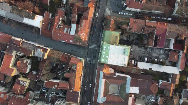 Drone flight at sunset above the Zemum district, Belgrade, Serbia, Europe.