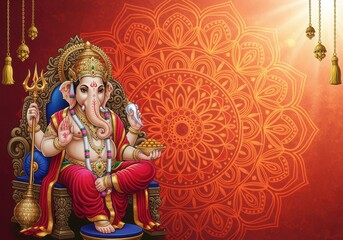 Fototapeta premium Lord Ganesha seated on throne holding modak and trident ornate mandala background