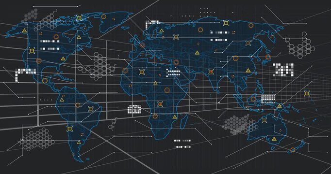 On load blue world map expanding across wireframe grid, adding nodes and linking for data visuals
