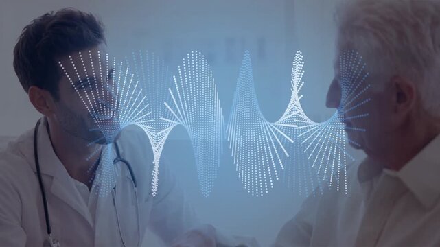 Doctor leaning in placing hand on arm and assessing medical data while waveform animating chest