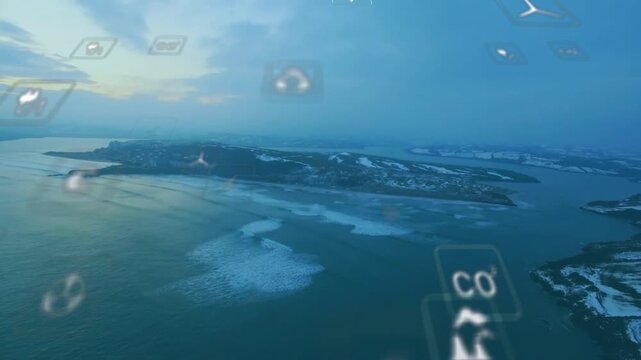 Low sun near horizon initiating HUD icons appearing and drifting over island, visualizing power