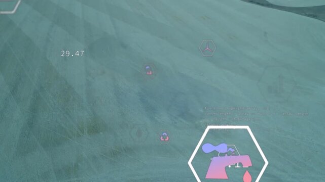 Translucent hex icons shifting down after new hexes fading in, camera lifting showing river horizon