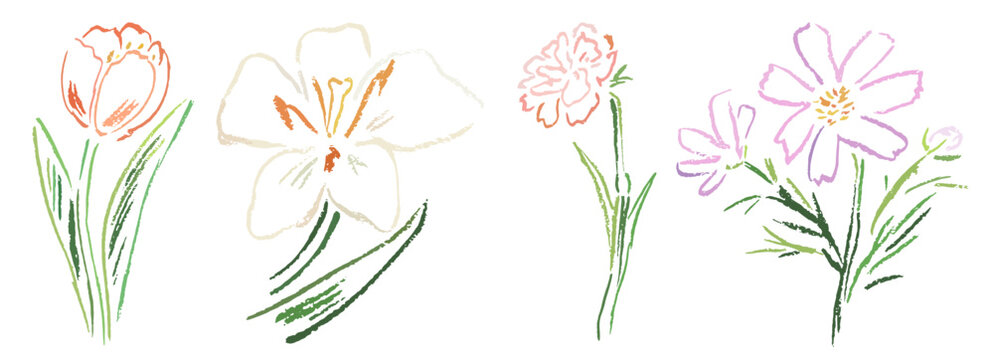 Sketch wax crayon style scrapbook simple flower art collection. Ink, charcoal, pencil or chalk style plants or floral elements drawing. Colorful hand drawn vector illustrations set for invitation.