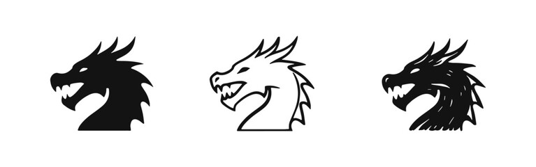 Obraz premium Roaring Dragon Head Icon Set - Mythical Fantasy Beast Symbol in Solid, Outline and Hand-drawn Styles