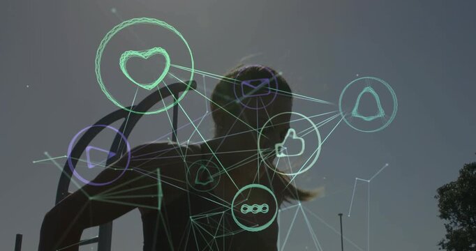 Woman gripping bars and doing dips for fitness while neon network pulsing social icons around her