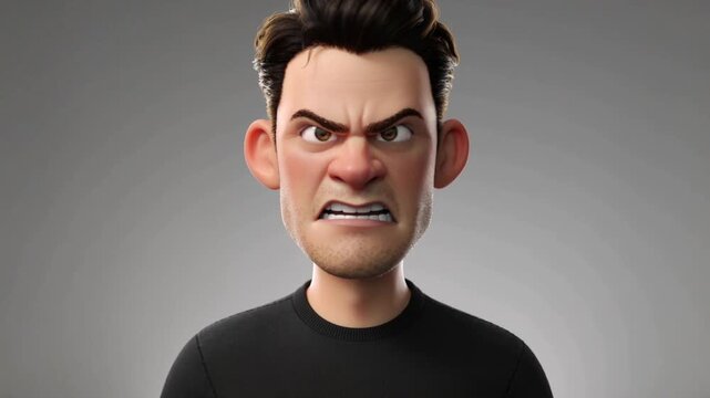 An angry cartoon character with a frustrated expression and furrowed brow is depicted in a 3D illustration